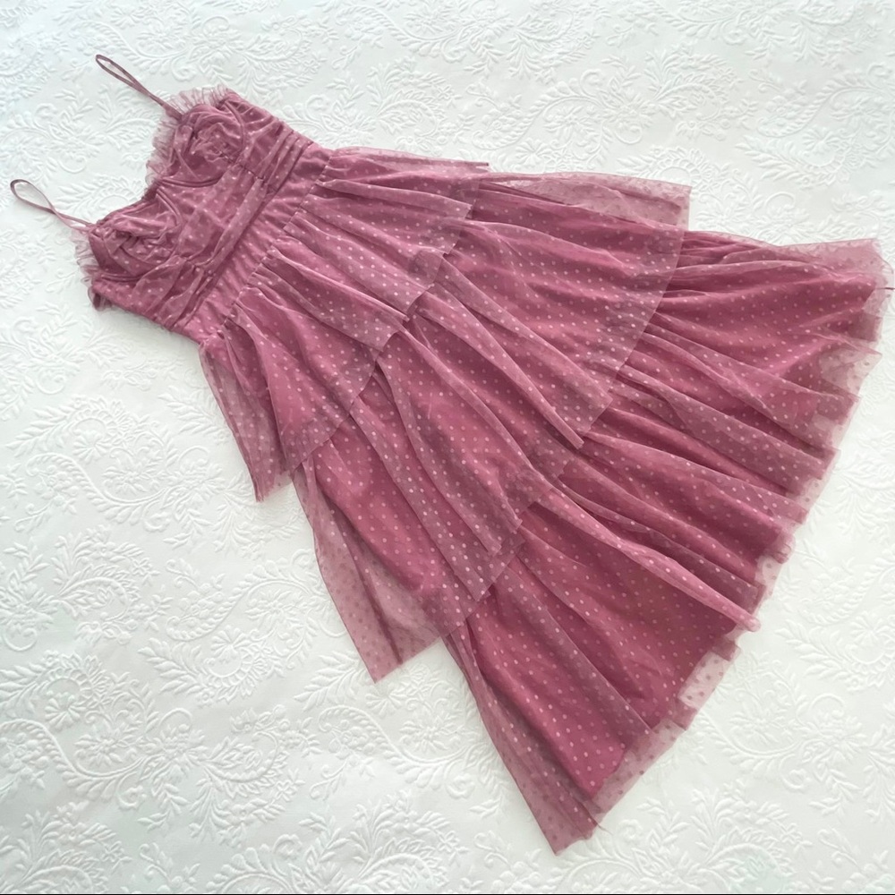 NWOT Lulus Sweetheart Style Mauve Polka Dot Bustier Tiered Midi Dress Small - Picture 7 of 12
